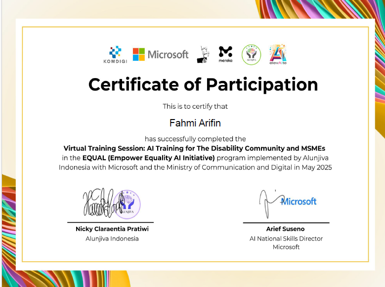Lihat Sertifikat Virtual Training Session: AI Training for The Disability Community and MSMEs dalam ukuran penuh